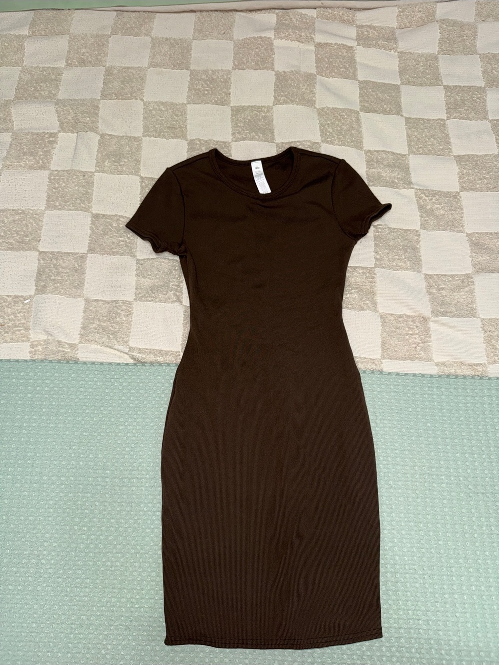 Alo Yoga Wellness Rib Tee Dress Espresso Brown XS Ribbed Short Sleeve Mini Dress
